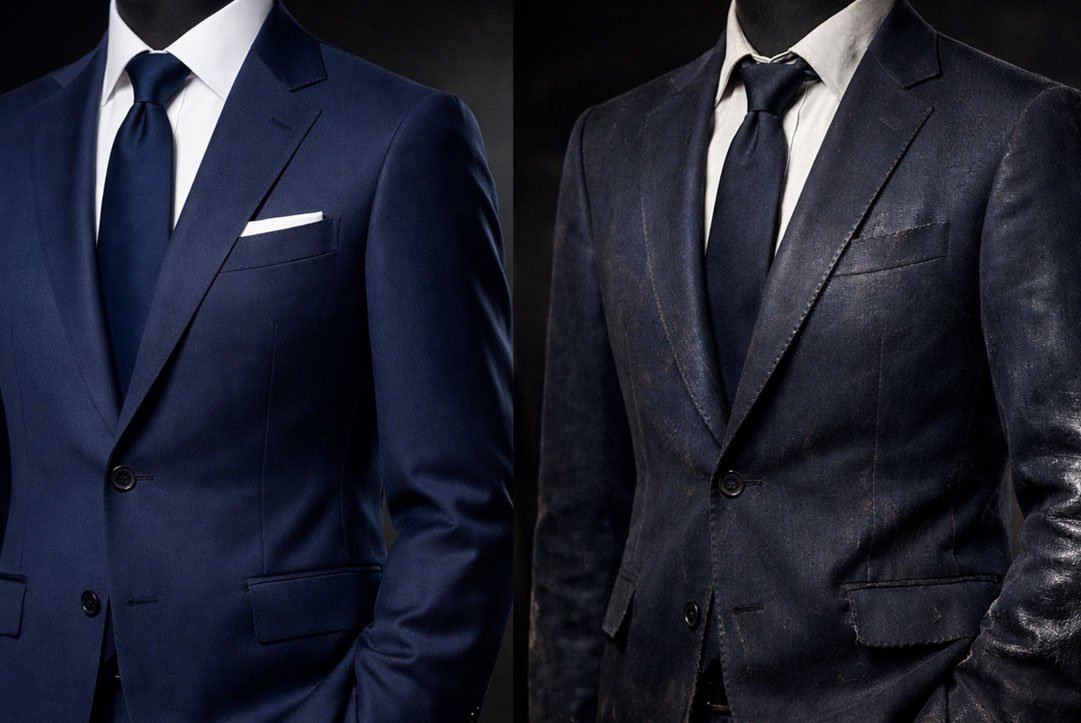 Comparison of suit lifespan – hand-sewn full-canvas business suit lasting 7 to 10 years versus machine-made fused suit lasting 2 to 3 years of regular wear